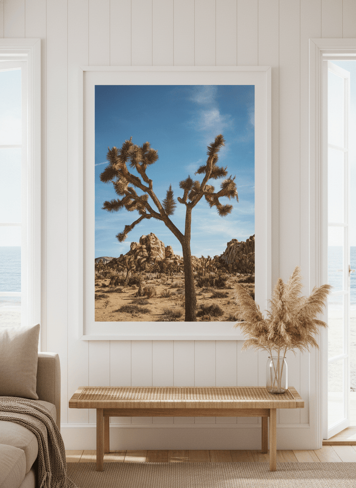 Neutral wall art displayed in a sunny coastal beach house
