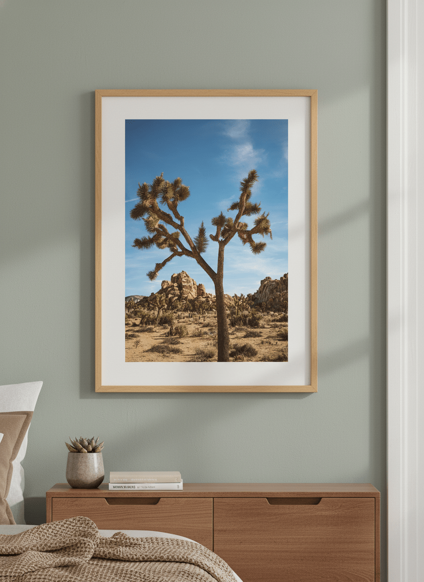 Minimalist artwork displayed in a calm, light-filled bedroom interior