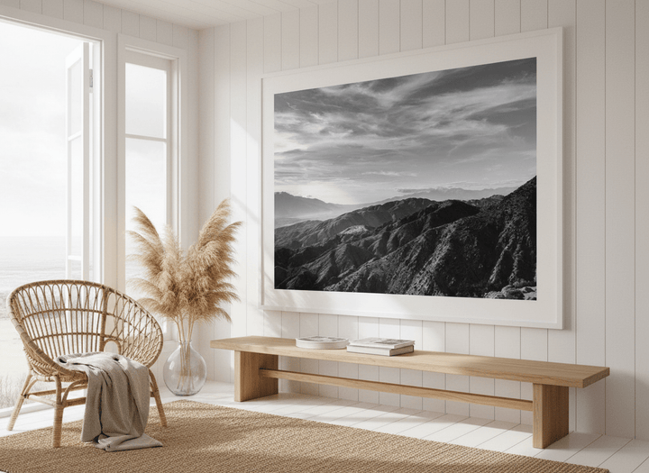 Neutral wall art displayed in a sunny coastal beach house