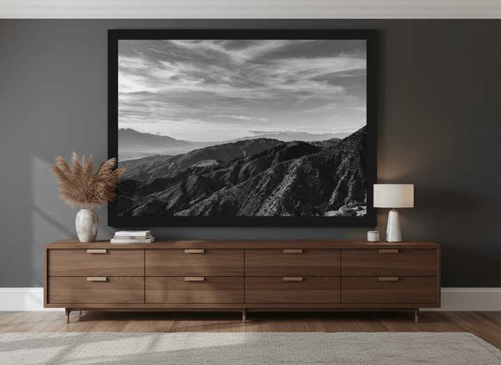Monumental artwork centred on a feature wall in a luxe interior