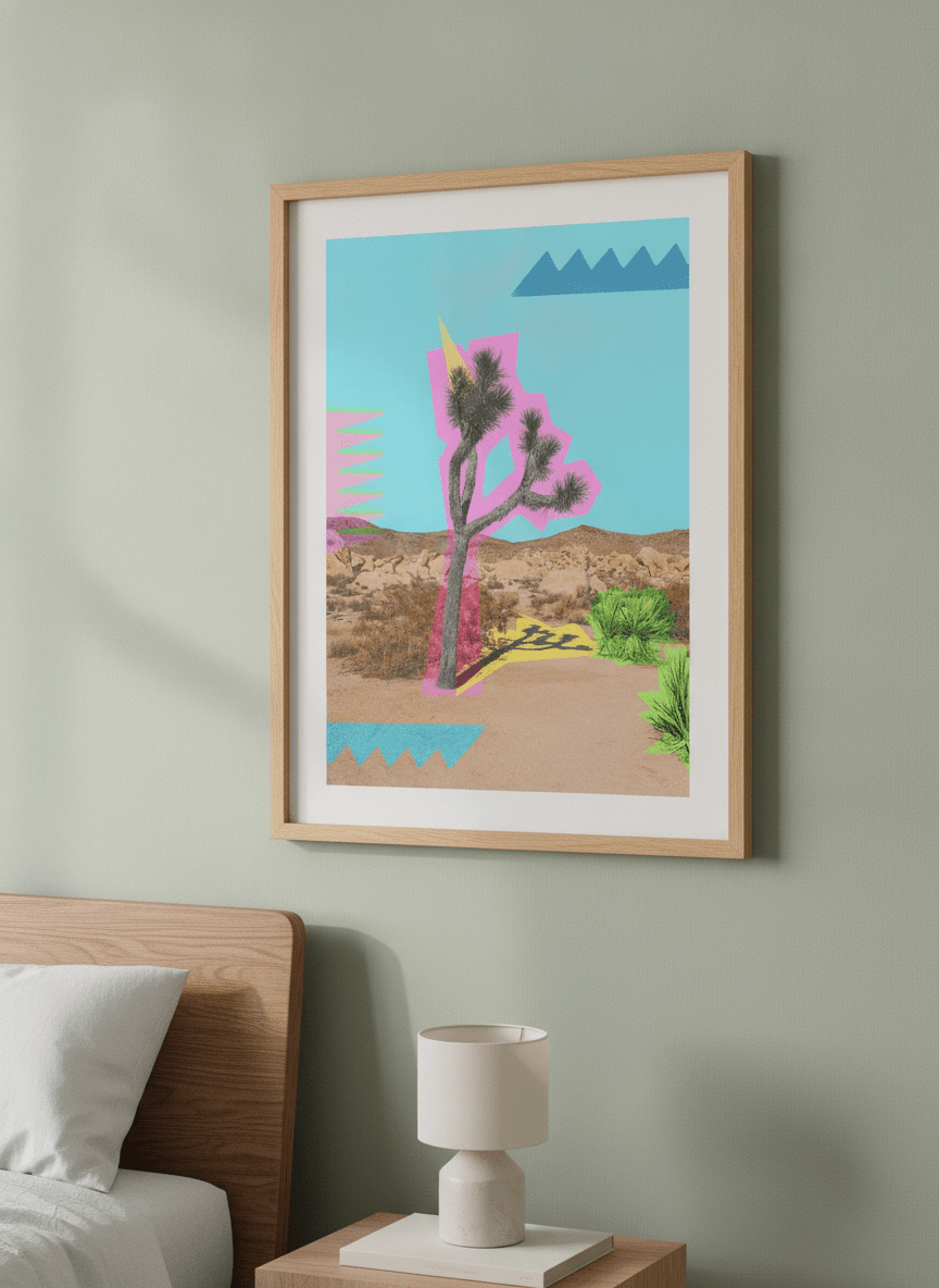 Minimalist artwork displayed in a calm, light-filled bedroom interior