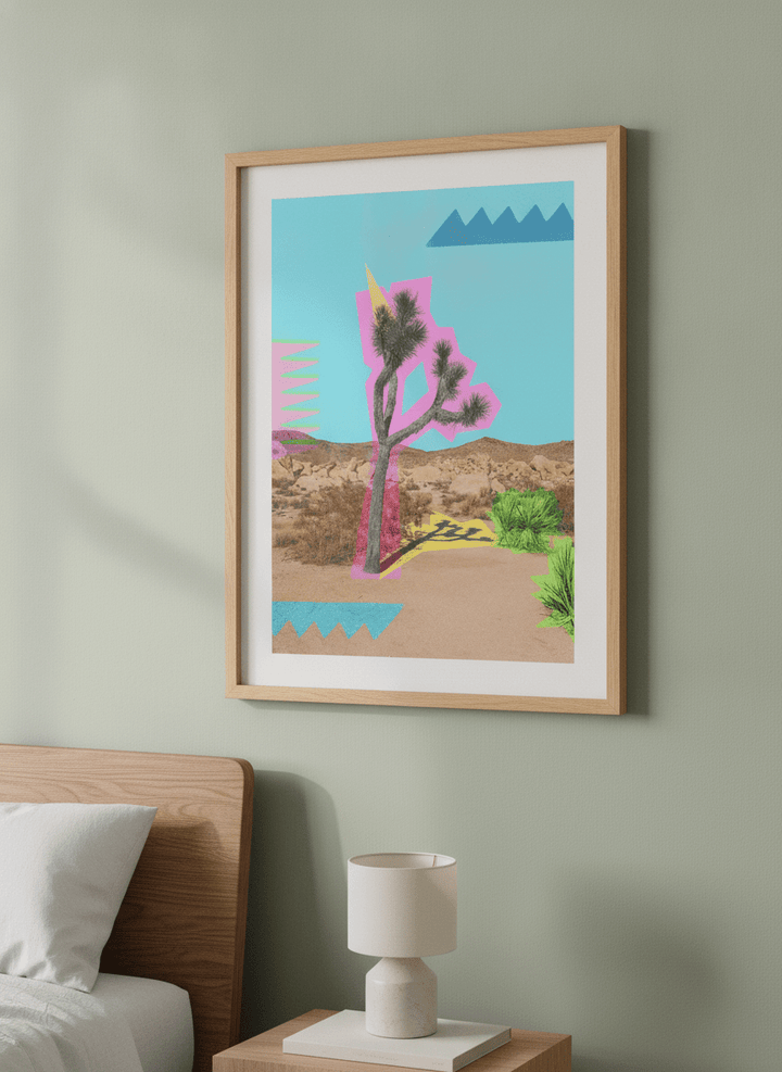 Minimalist artwork displayed in a calm, light-filled bedroom interior