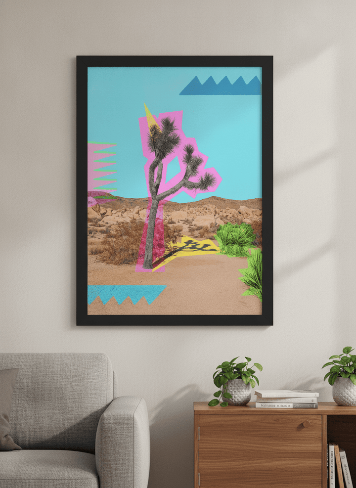 Modern wall art styled above a sofa in a neutral living room