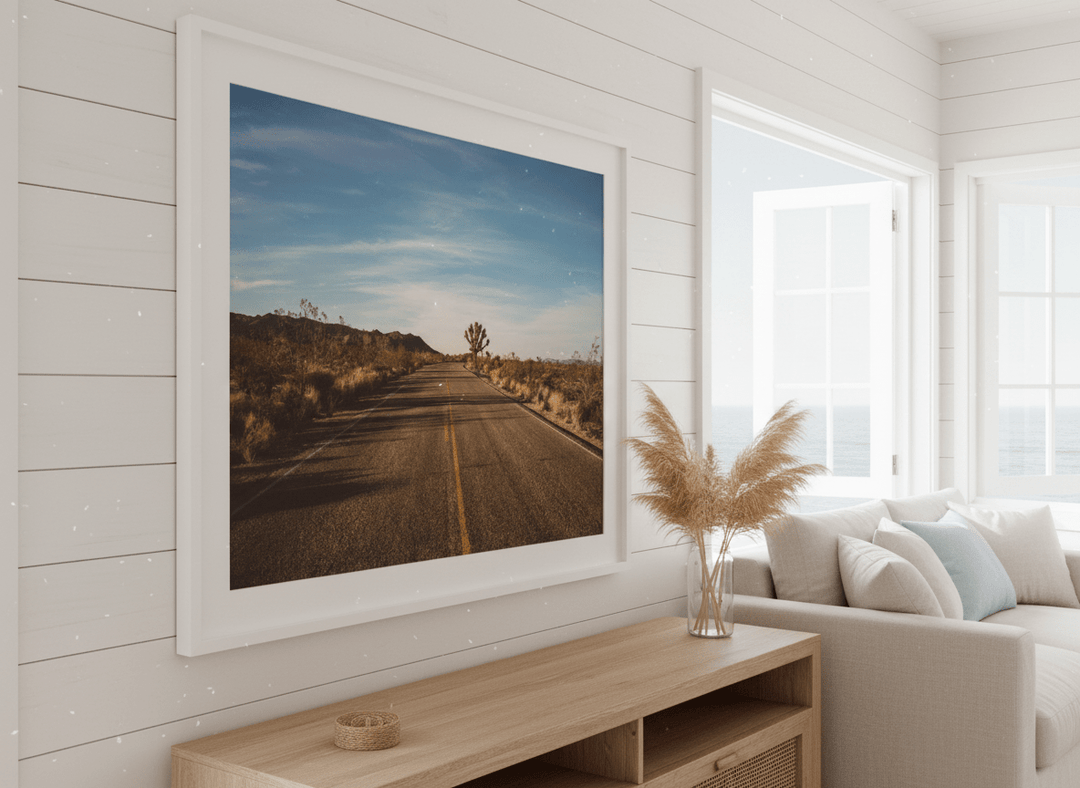 Neutral wall art displayed in a sunny coastal beach house