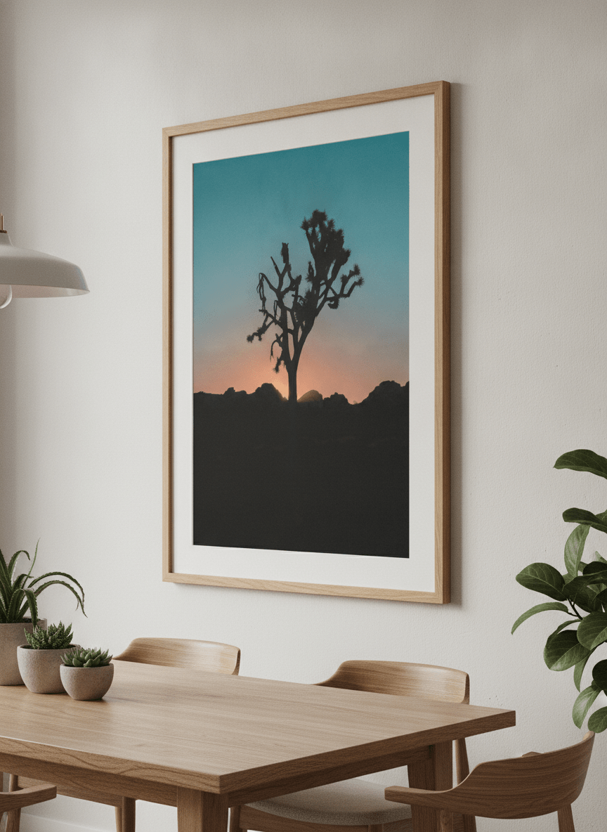 Wall art styled above a dining table in a contemporary home