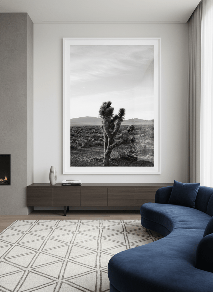 Monumental artwork centred on a feature wall in a luxe interior