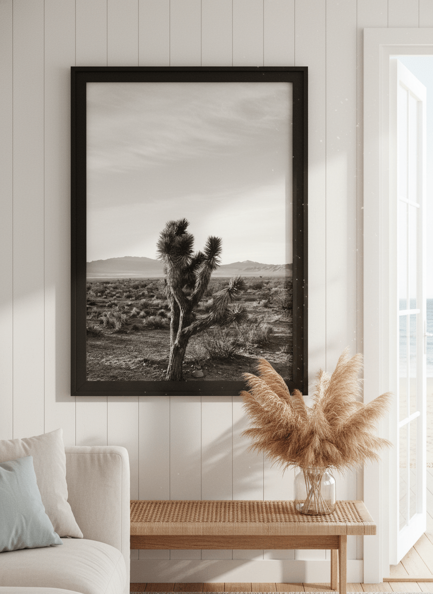 Neutral wall art displayed in a sunny coastal beach house