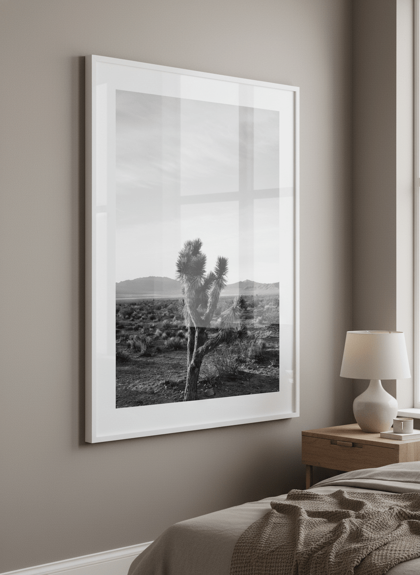 Minimalist artwork displayed in a calm, light-filled bedroom interior