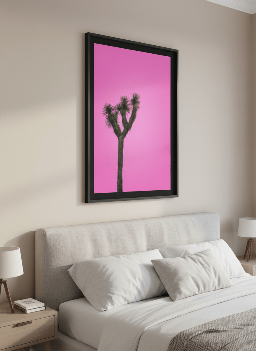 Minimalist artwork displayed in a calm, light-filled bedroom interior