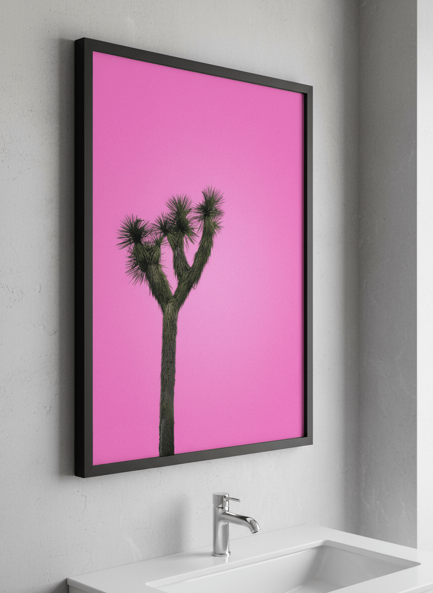 Modern print displayed in a clean minimalist bathroom setting
