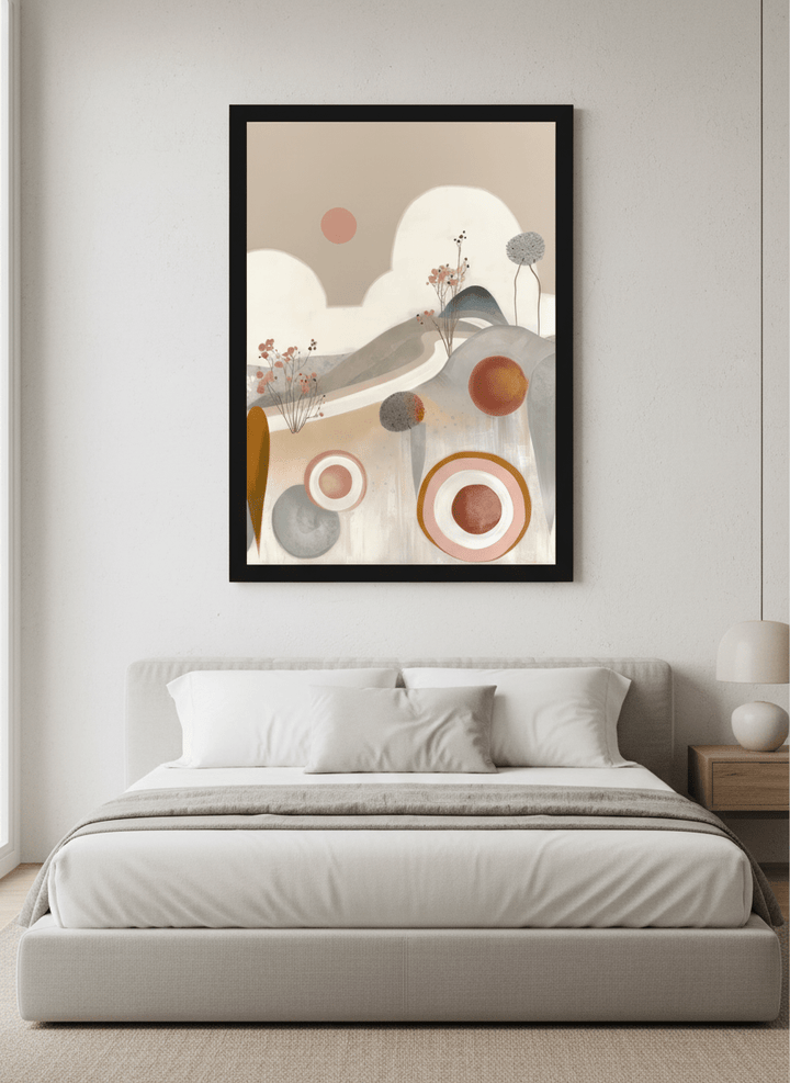 Minimalist artwork displayed in a calm, light-filled bedroom interior