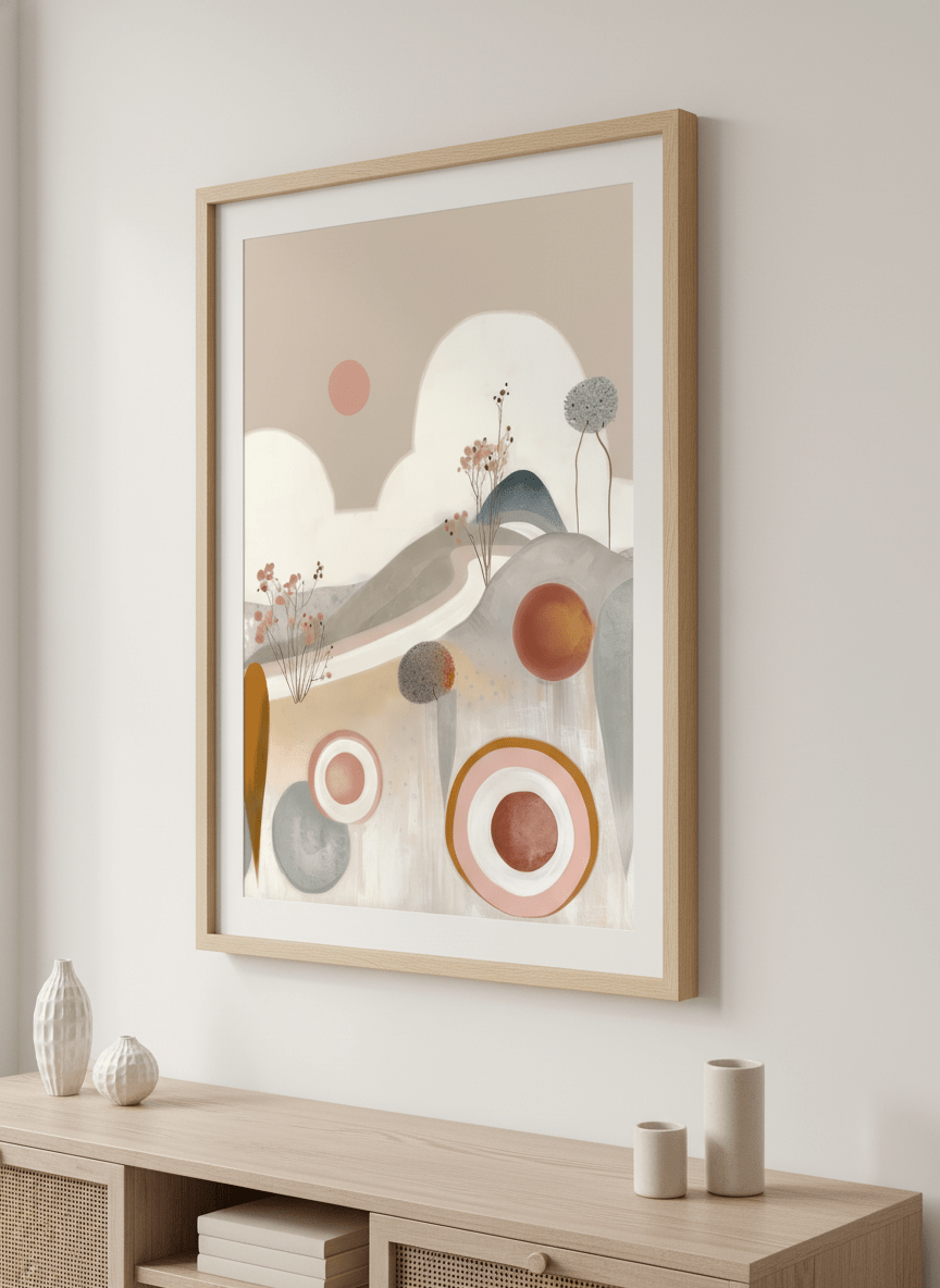 Modern wall art styled above a sofa in a neutral living room