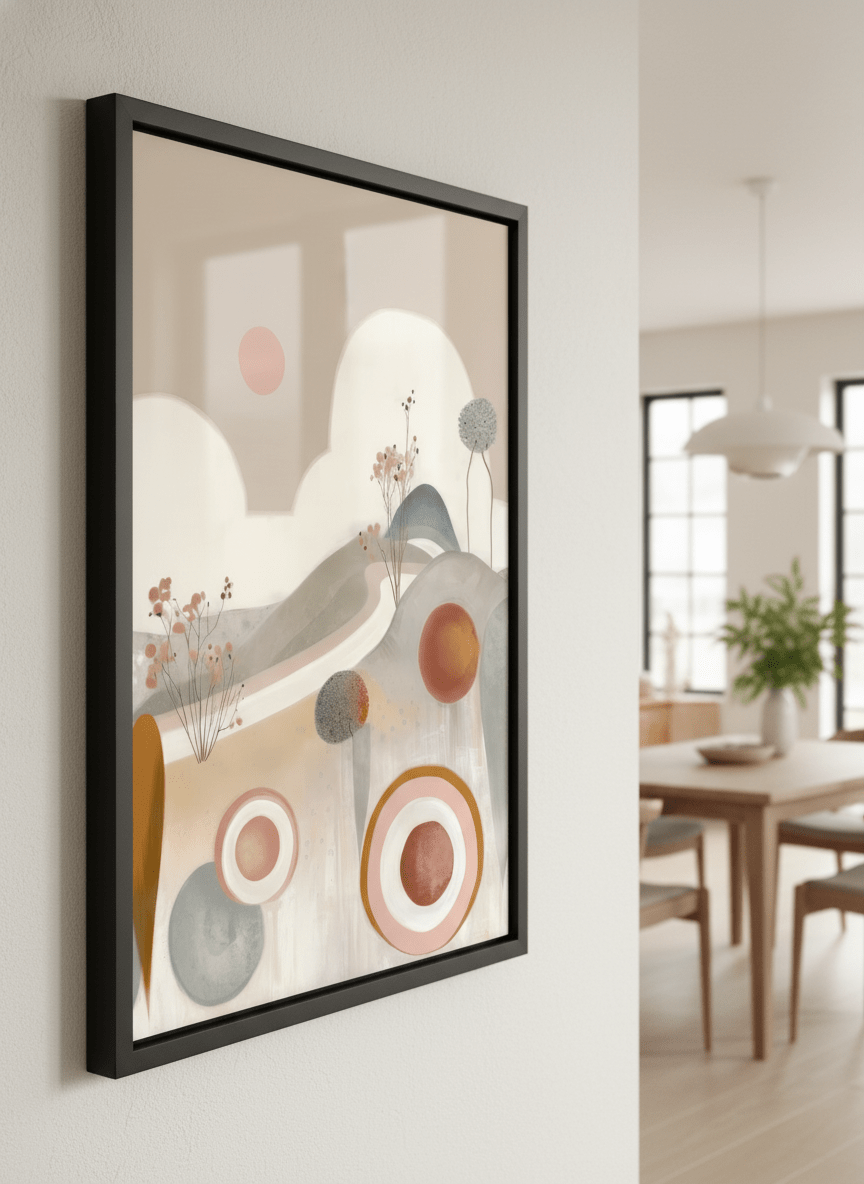 Wall art styled above a dining table in a contemporary home