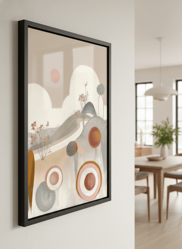 Wall art styled above a dining table in a contemporary home