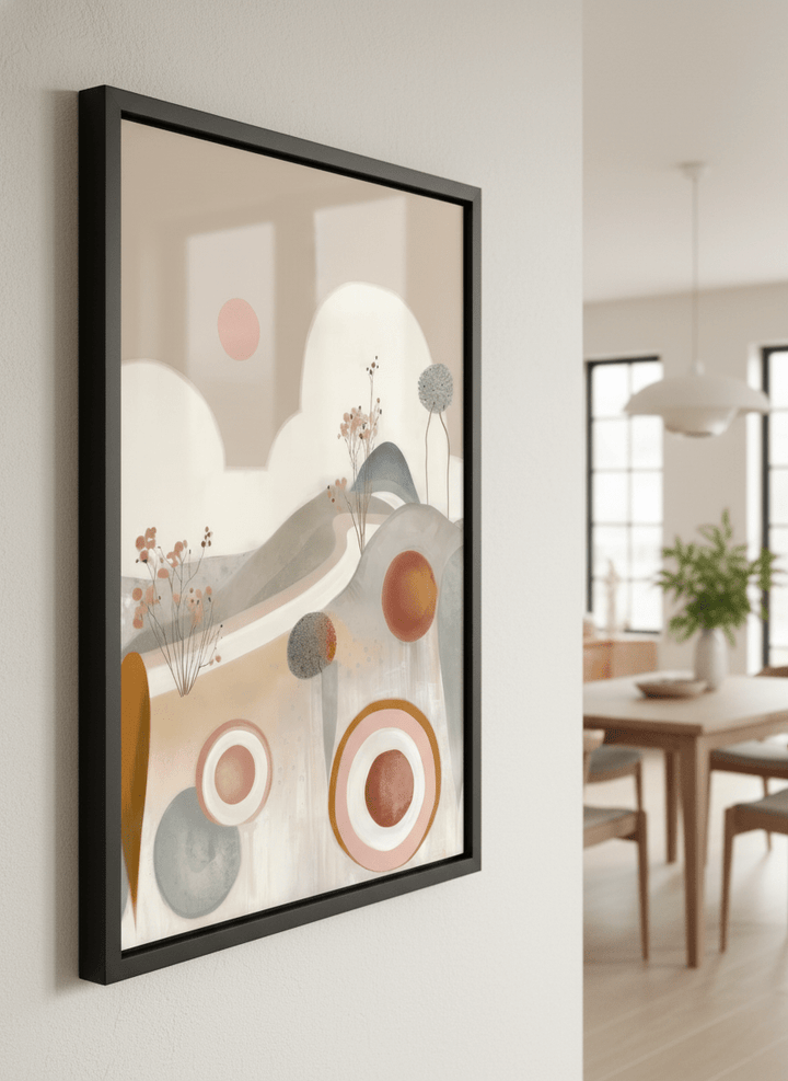 Wall art styled above a dining table in a contemporary home