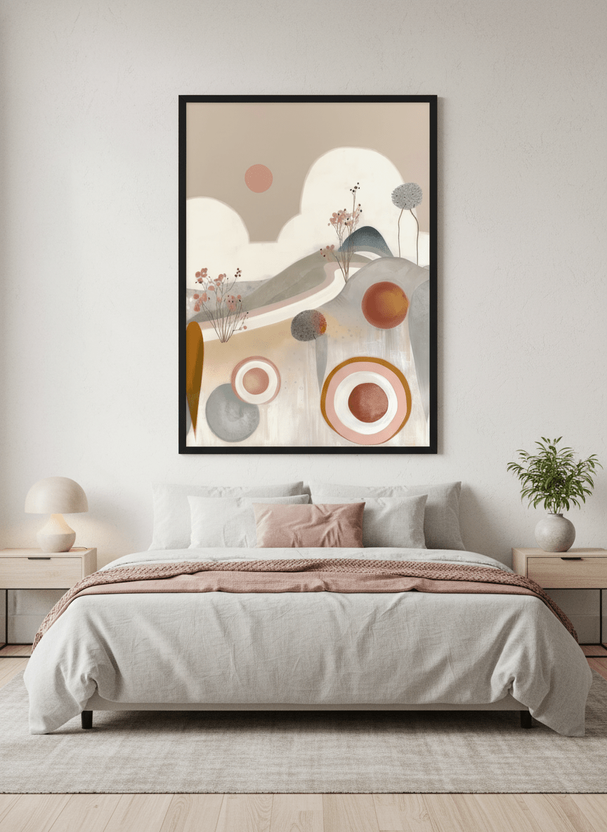 Minimalist artwork displayed in a calm, light-filled bedroom interior