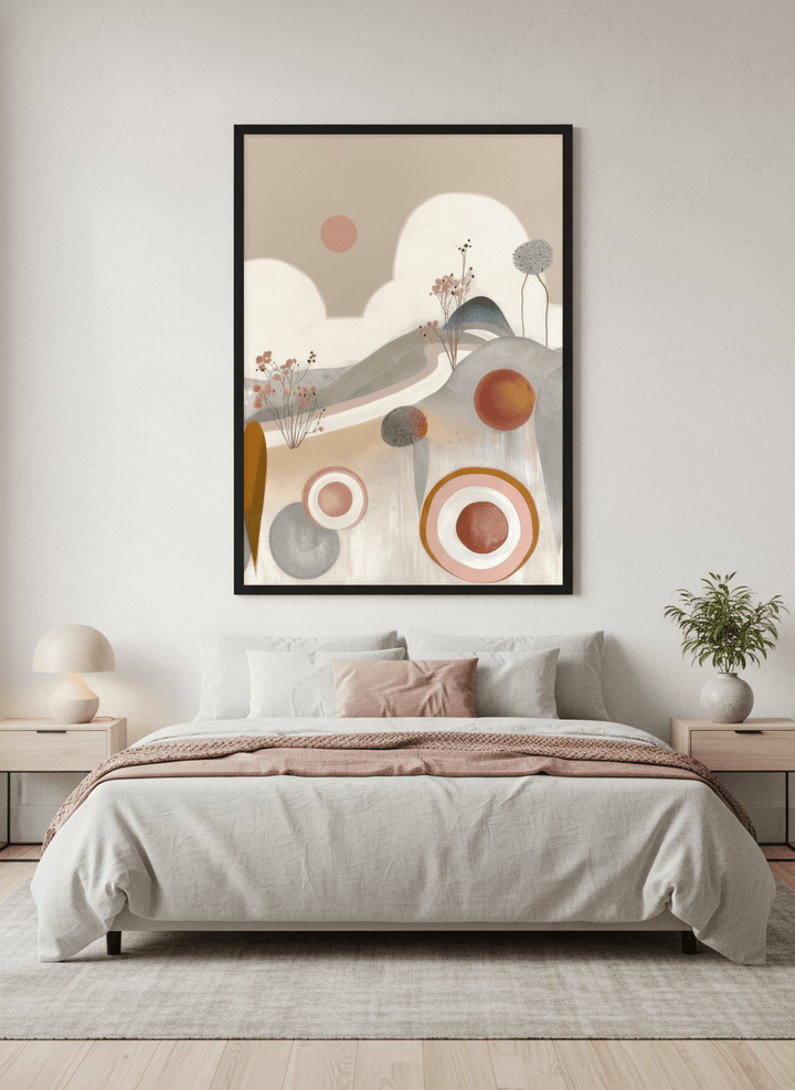 Minimalist artwork displayed in a calm, light-filled bedroom interior