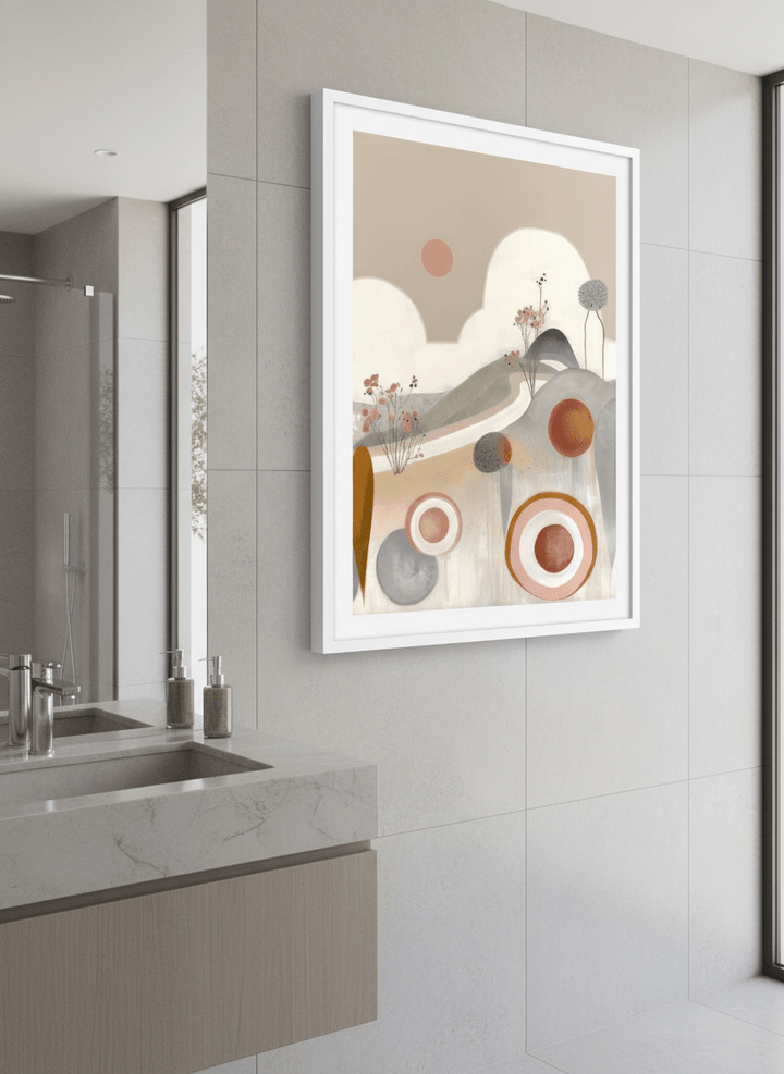 Modern print displayed in a clean minimalist bathroom setting