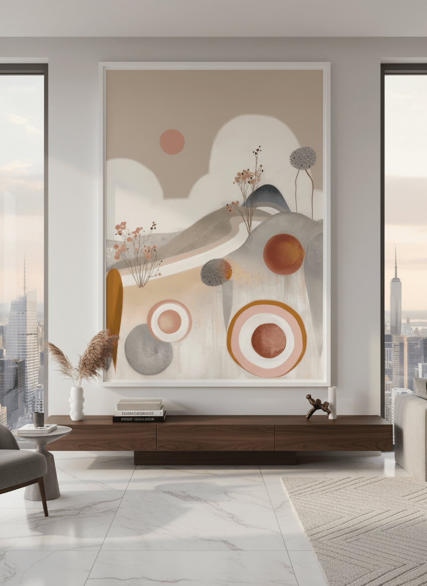 Monumental artwork centred on a feature wall in a luxe interior
