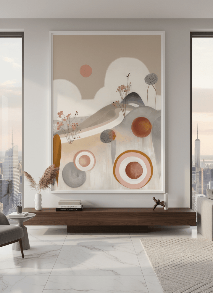 Monumental artwork centred on a feature wall in a luxe interior