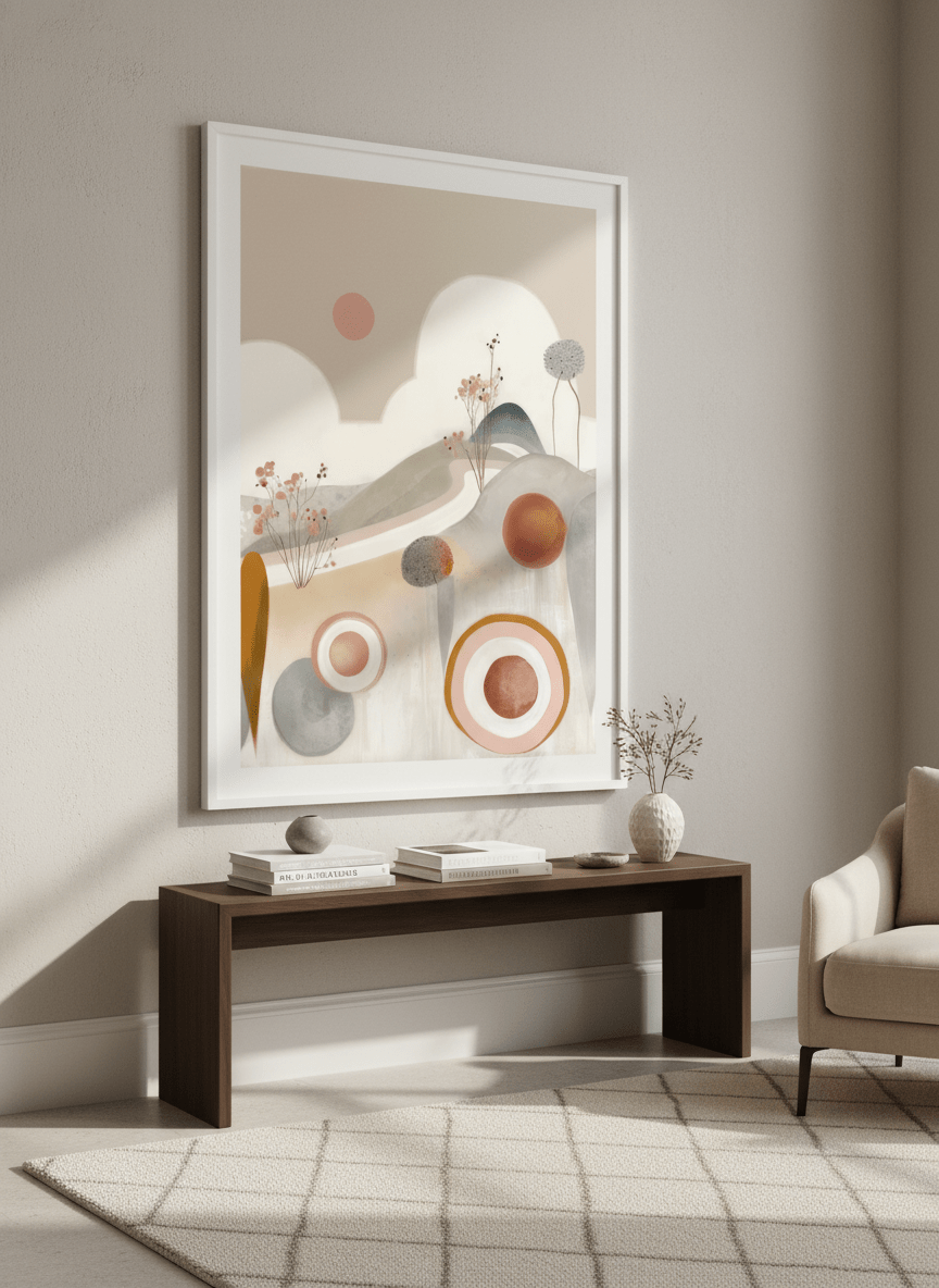 Monumental artwork centred on a feature wall in a luxe interior