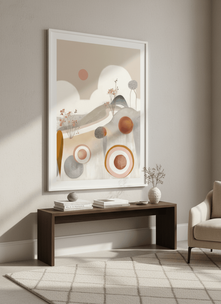 Monumental artwork centred on a feature wall in a luxe interior