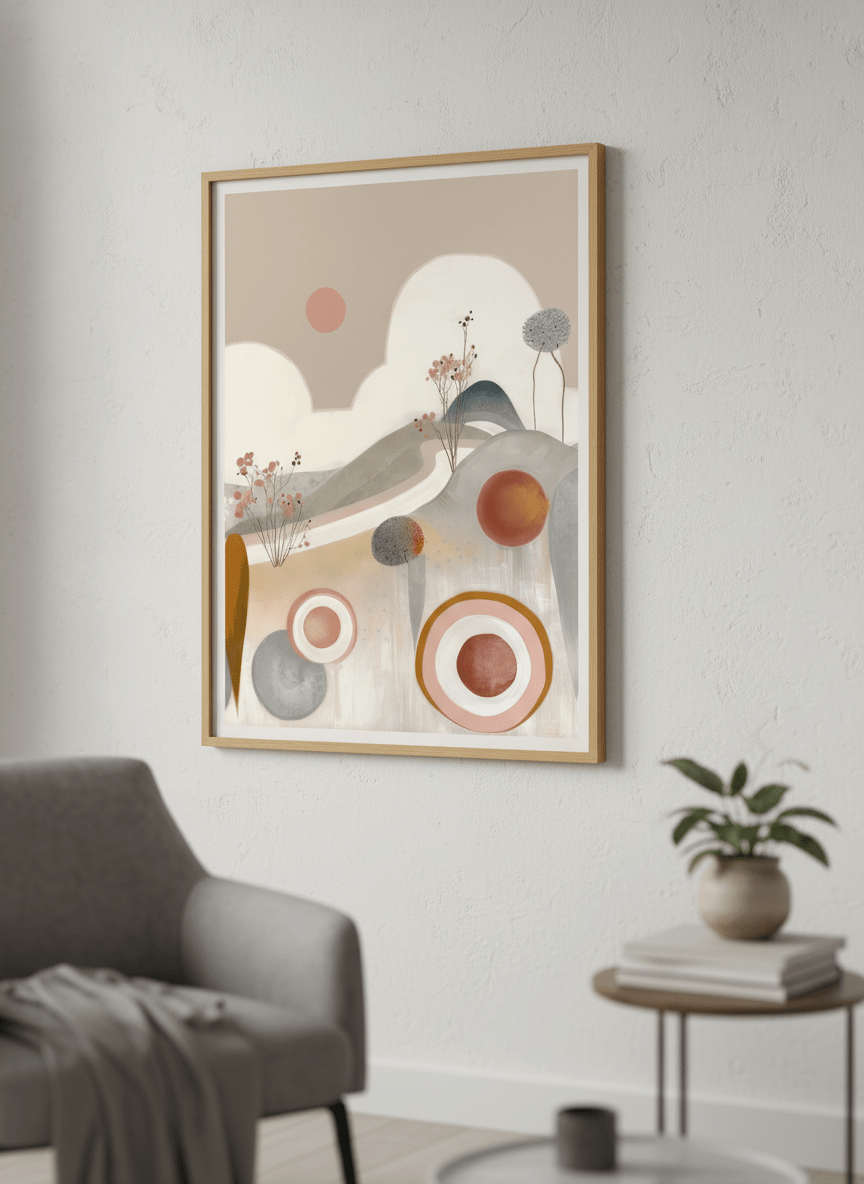 Modern wall art styled above a sofa in a neutral living room