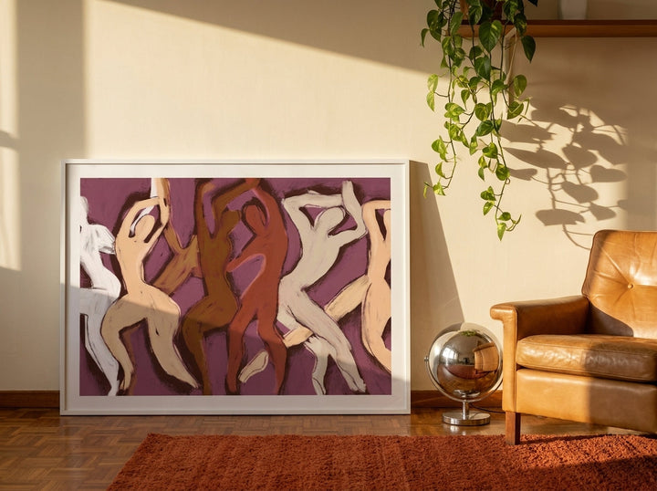 Modern wall art print leaning against the wall in a retro 70s living room