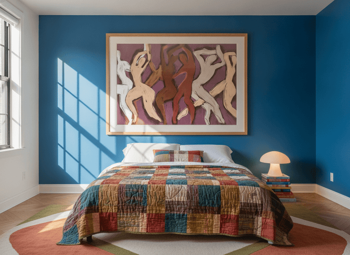 Oversized statement modern wall art print styled on the wall in a colourful eclectic bedroom
