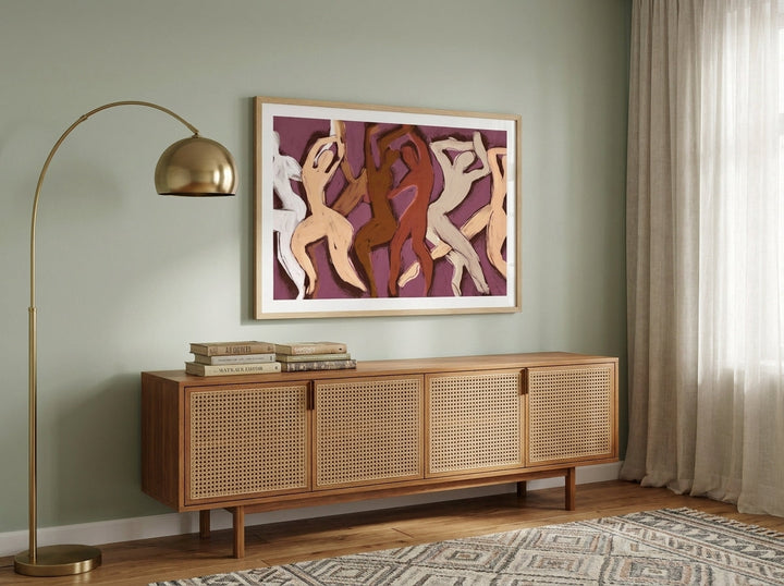 Modern wall art print styled on the wall in a mid-century living room