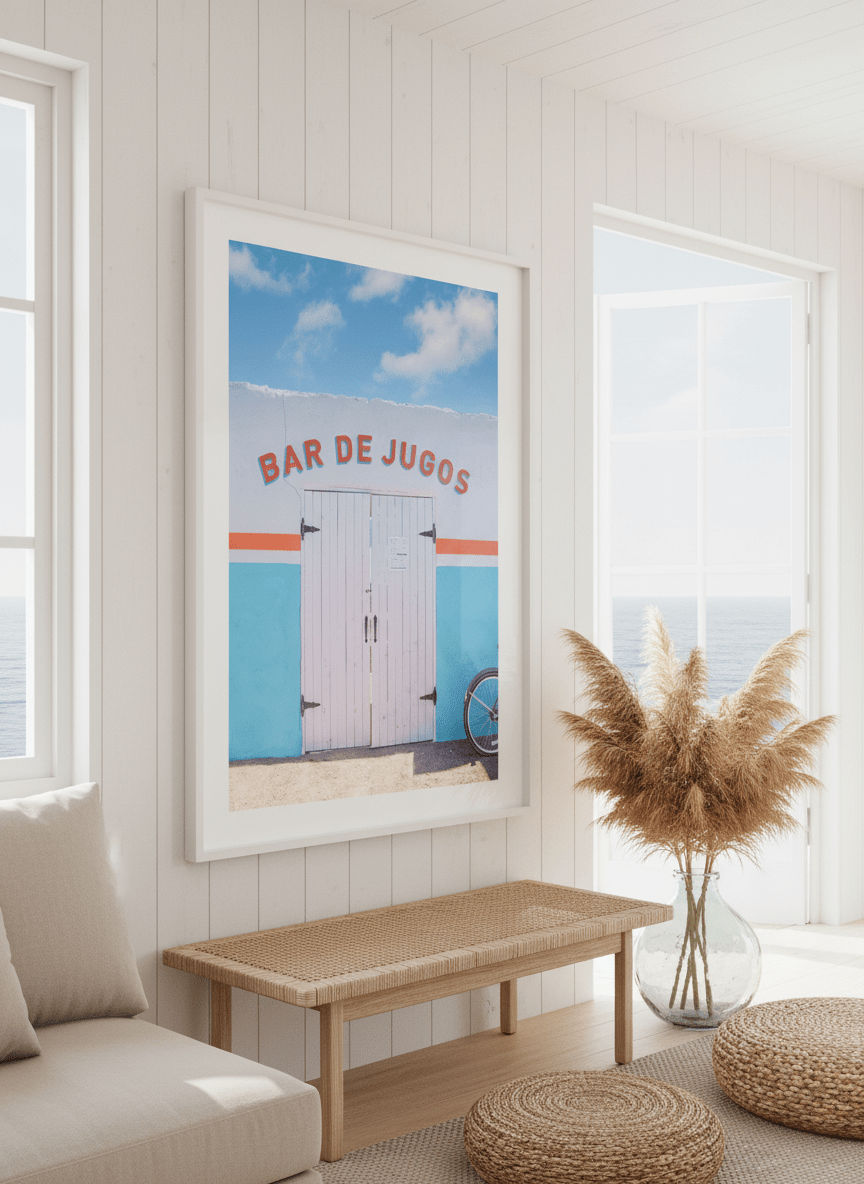 Neutral wall art displayed in a sunny coastal beach house
