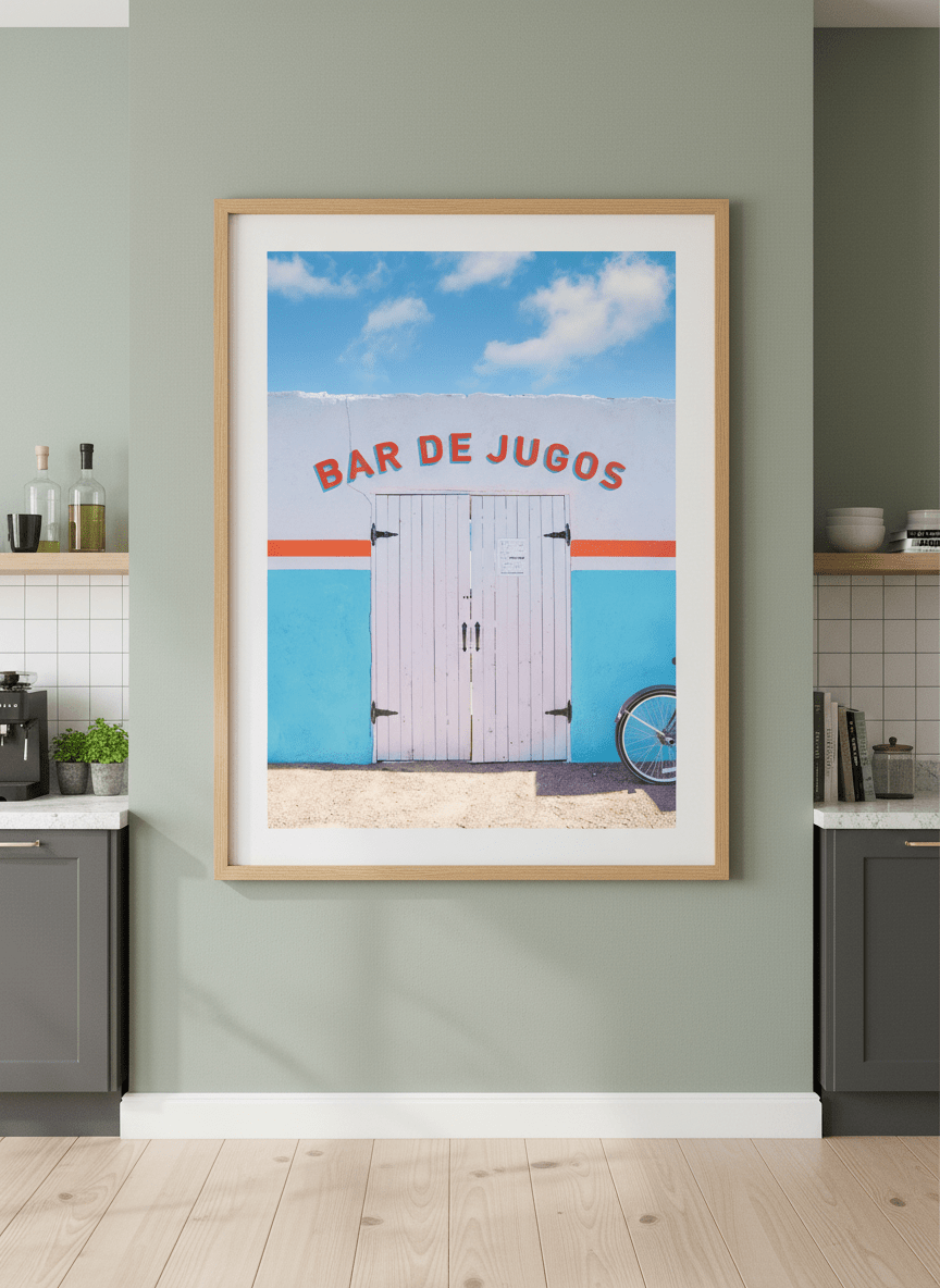 Artwork styled on the wall of a bright modern kitchen