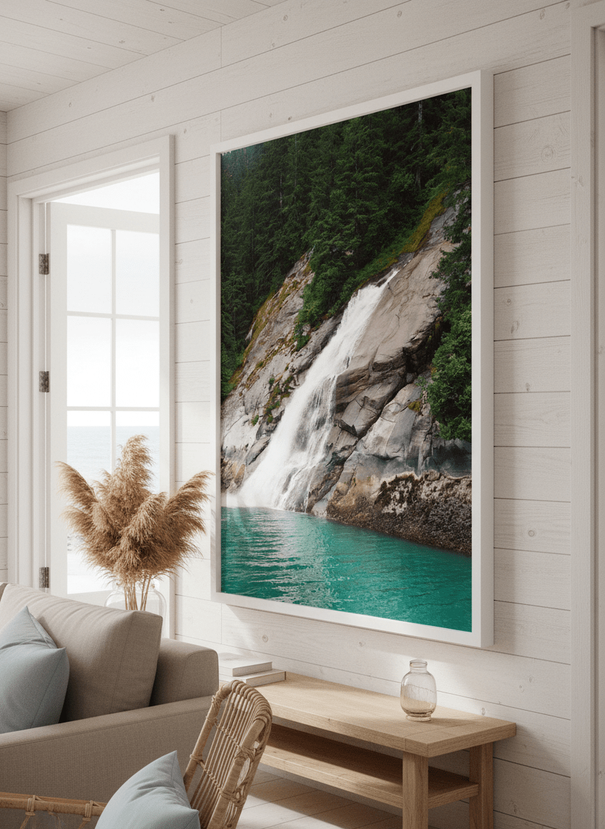 Neutral wall art displayed in a sunny coastal beach house