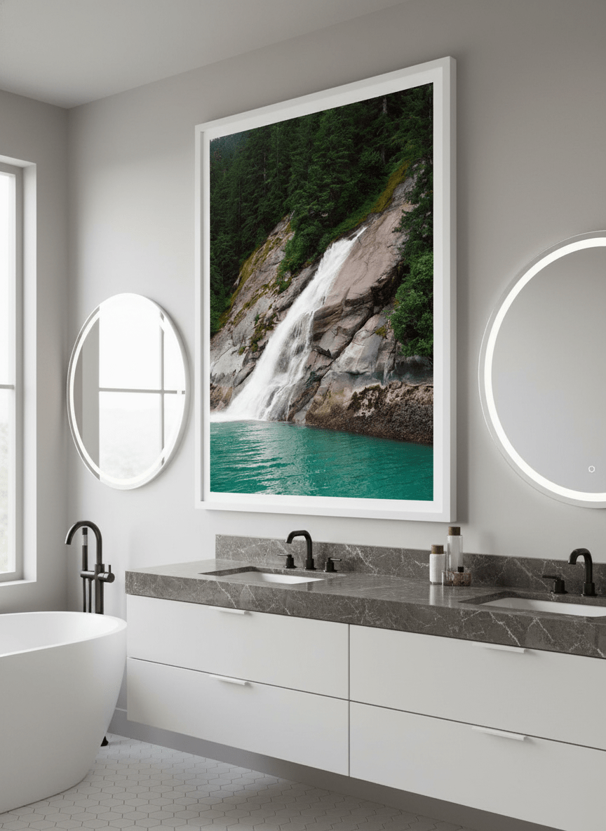 Modern print displayed in a clean minimalist bathroom setting