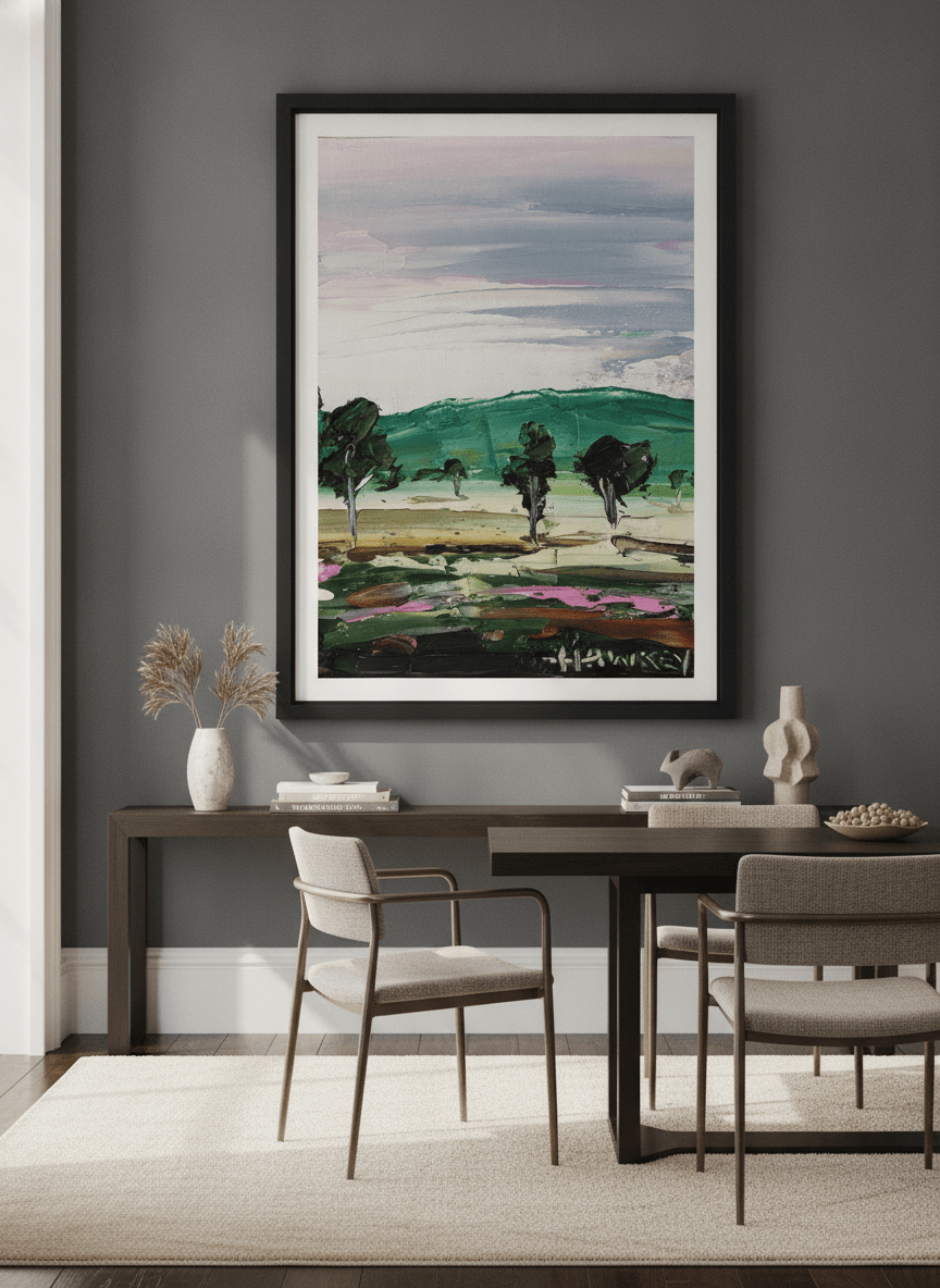 Monumental artwork centred on a feature wall in a luxe interior