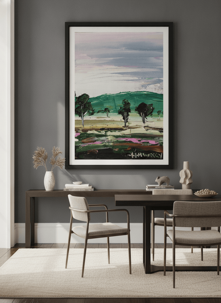 Monumental artwork centred on a feature wall in a luxe interior