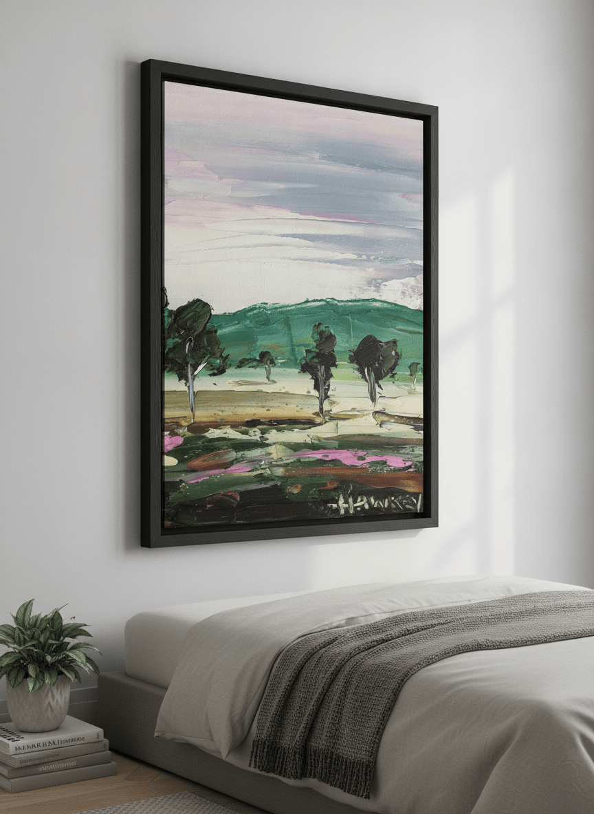 Minimalist artwork displayed in a calm, light-filled bedroom interior