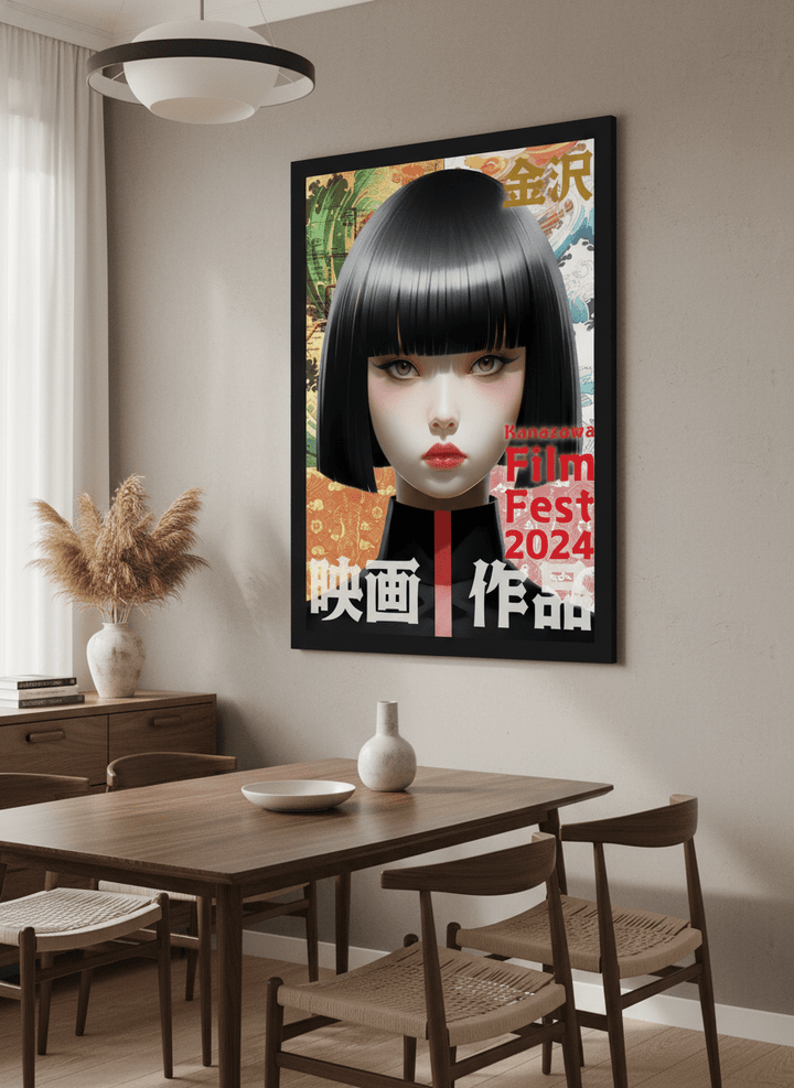 Wall art styled above a dining table in a contemporary home