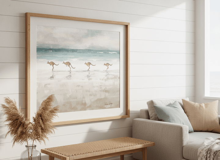 Neutral wall art displayed in a sunny coastal beach house