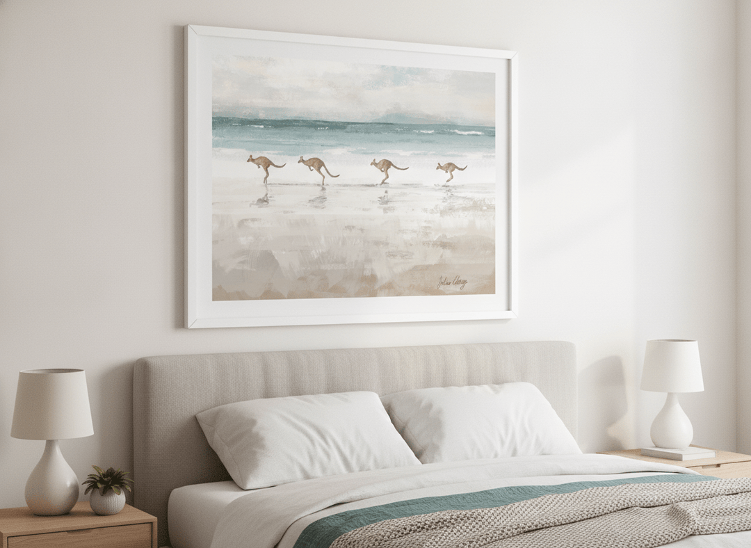 Minimalist artwork displayed in a calm, light-filled bedroom interior