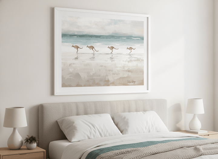 Minimalist artwork displayed in a calm, light-filled bedroom interior