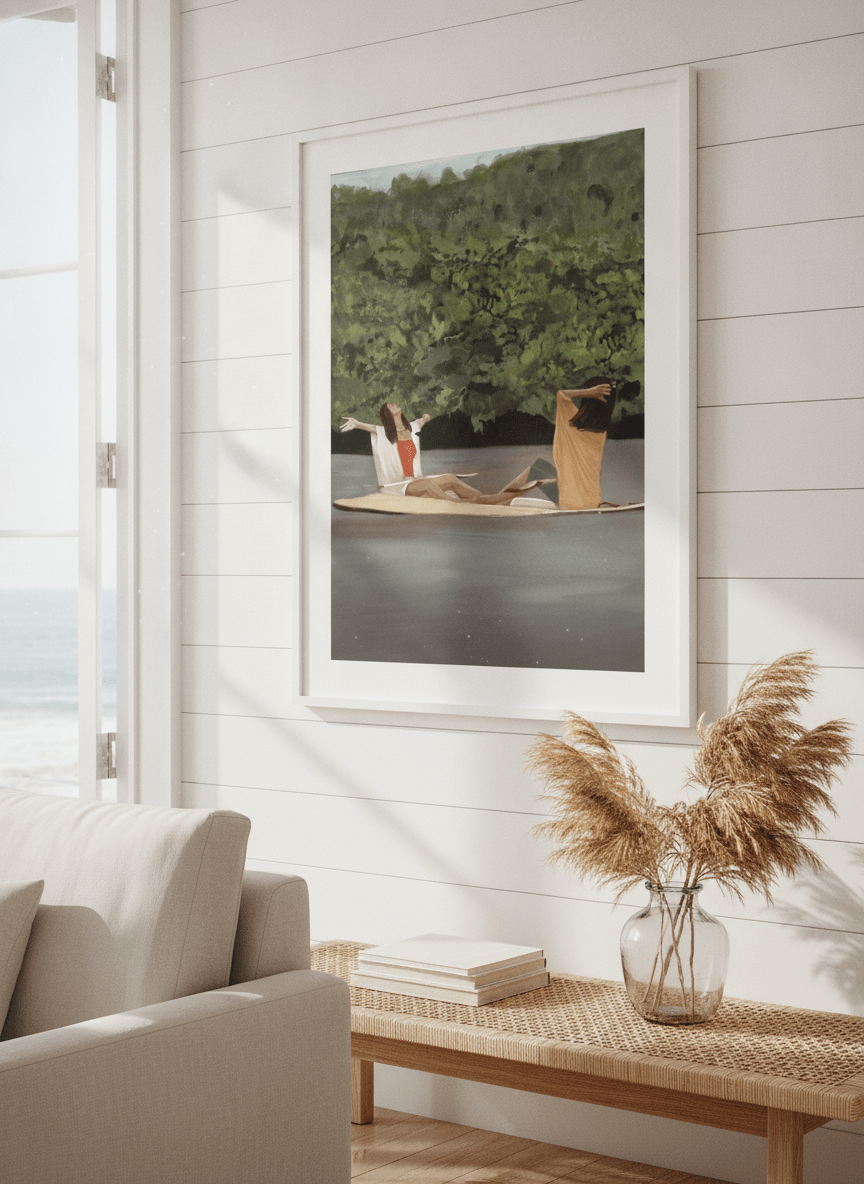 Neutral wall art displayed in a sunny coastal beach house