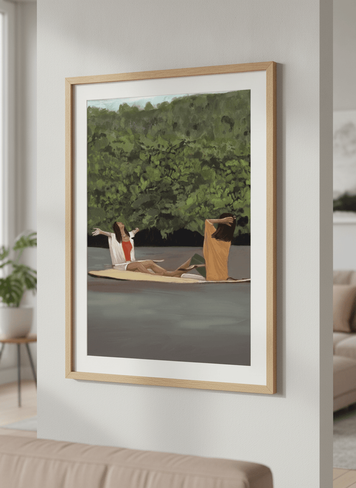 Modern wall art styled above a sofa in a neutral living room