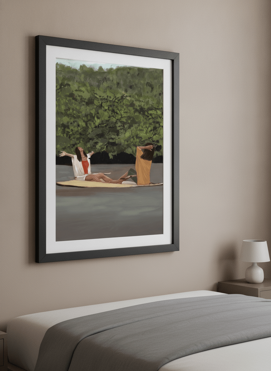 Minimalist artwork displayed in a calm, light-filled bedroom interior