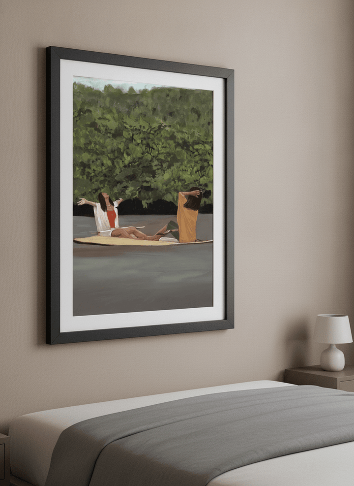 Minimalist artwork displayed in a calm, light-filled bedroom interior