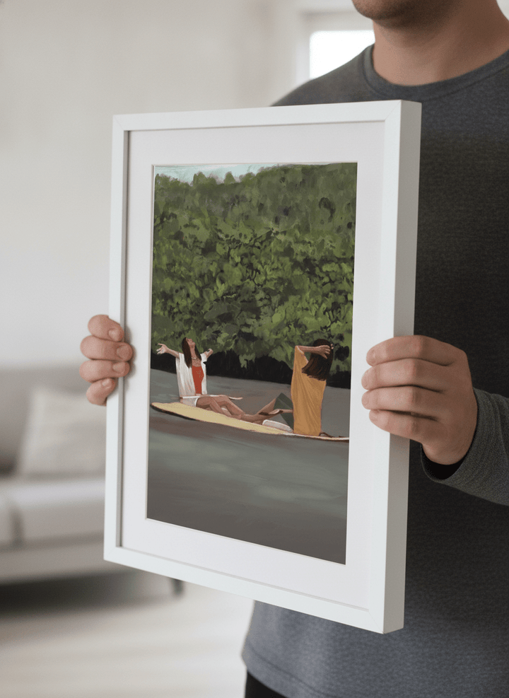 Person showcasing the artwork against a clean modern interior wall
