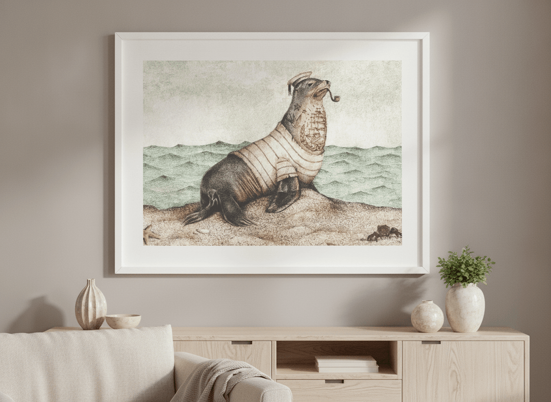 Modern wall art styled above a sofa in a neutral living room