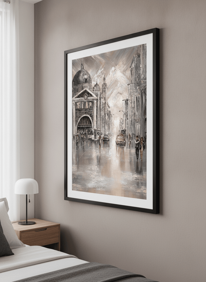 Minimalist artwork displayed in a calm, light-filled bedroom interior