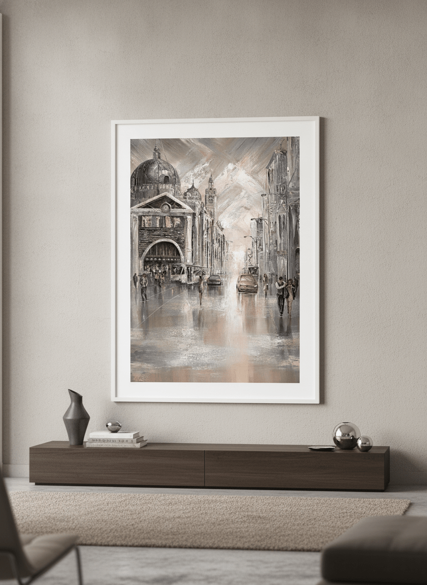 Monumental artwork centred on a feature wall in a luxe interior
