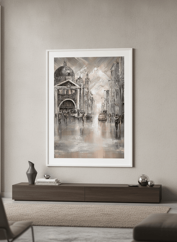 Monumental artwork centred on a feature wall in a luxe interior